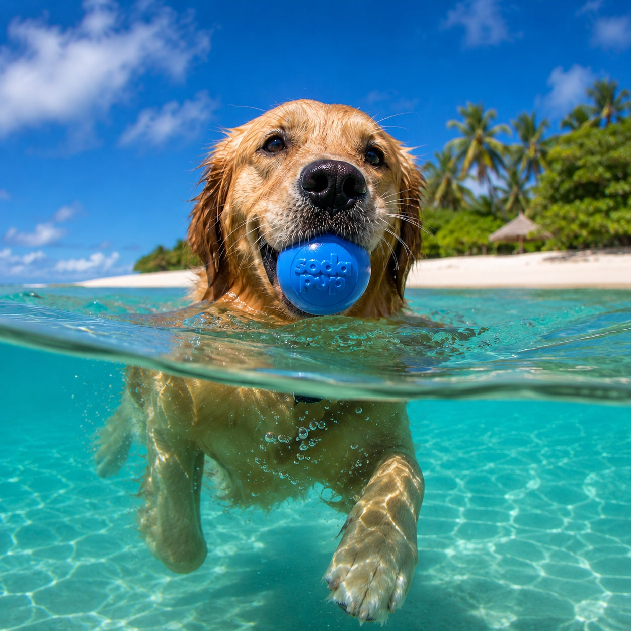 Chien nageant avec la balle couineuse bleue qui flotte