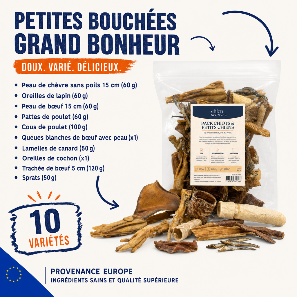 Composition du Pack Chiots et petits Chiens : 10 variétés de friandises séchées, peau de chèvre, oreilles de lapin, pattes et cous de poulet, sprats