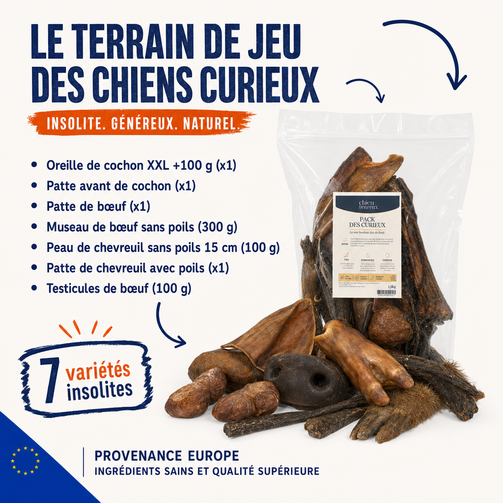 Composition du Pack des Curieux : 7 variétés insolites, oreille de cochon XXL, pattes de cochon et de bœuf, museau, peau et patte de chevreuil, testicules de bœuf