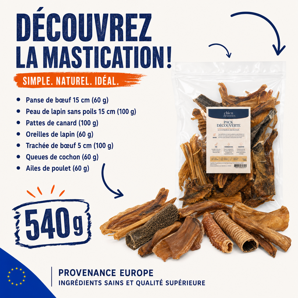Composition du Pack Découverte : 7 friandises séchées naturelles, 540 g au total