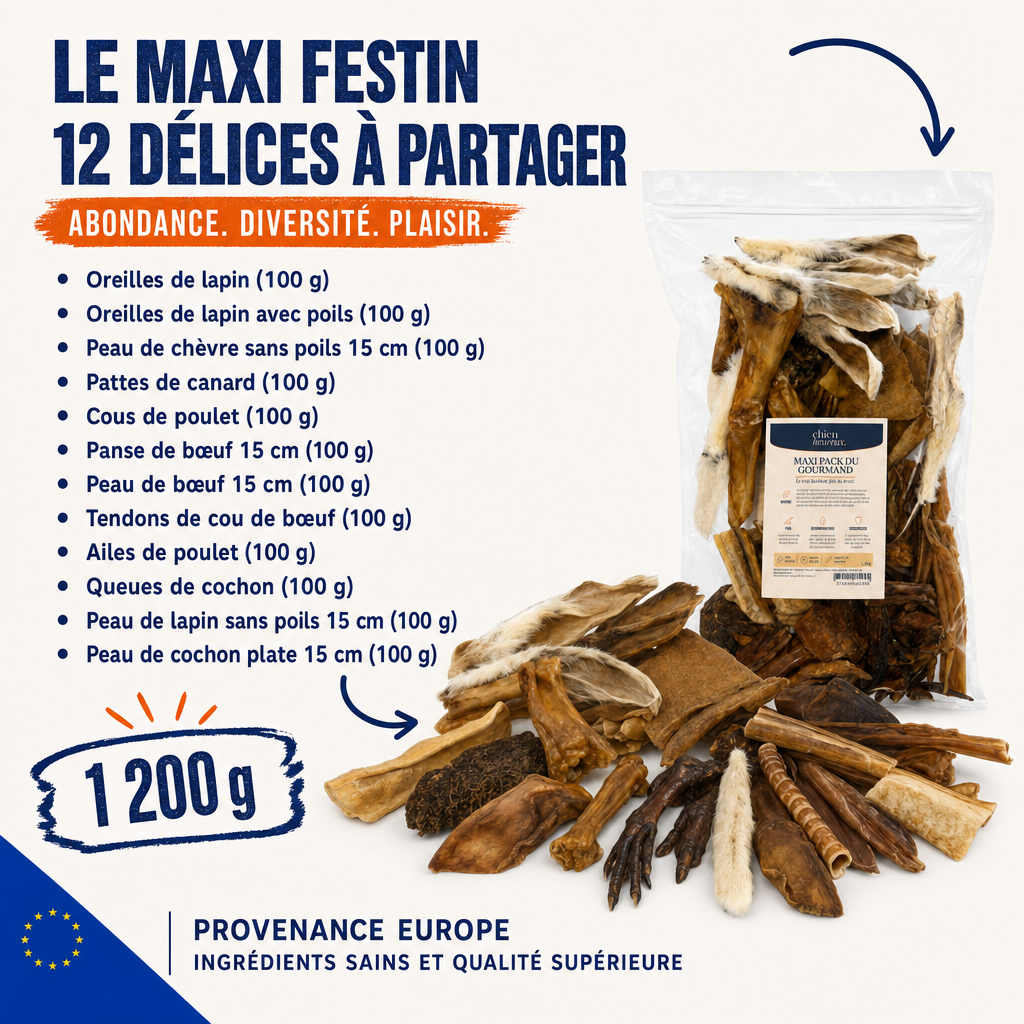 Composition du Pack du Maxi Gourmand : 12 variétés de 100 g, 1200 g de friandises séchées naturelles