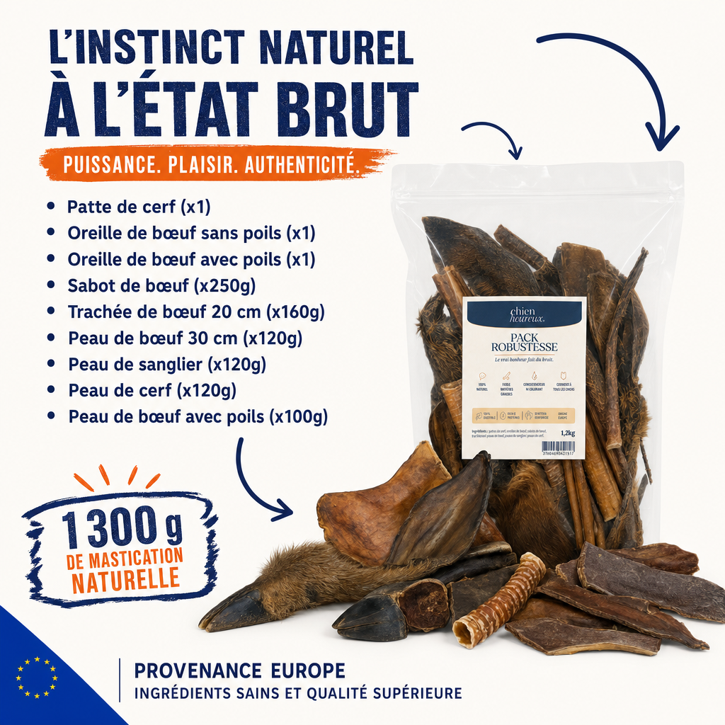 Composition du Pack Robustesse : patte de cerf, oreilles de bœuf, sabot, trachée, peaux de bœuf, sanglier et cerf, 1300 g de mastication naturelle