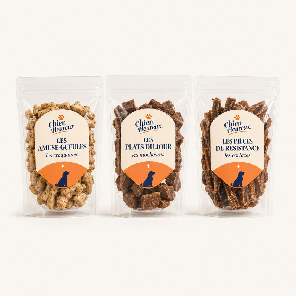 Service 24 pièces Chien Heureux : les trois sachets, Les Amuse-Gueules, Les Plats du Jour, Les Pièces de Résistance